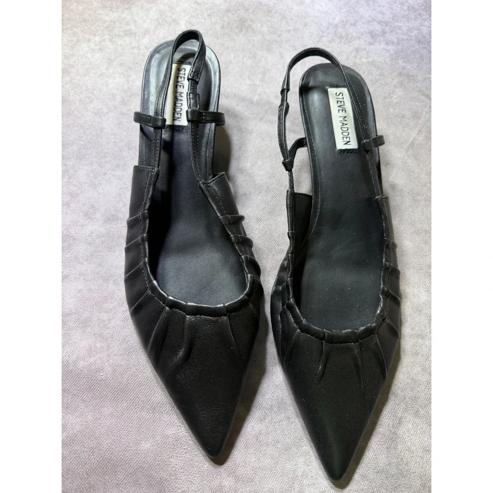 Steve Madden Earnest-R Black Leather Pleated Pointed Toe Slingback Kitten Heels
